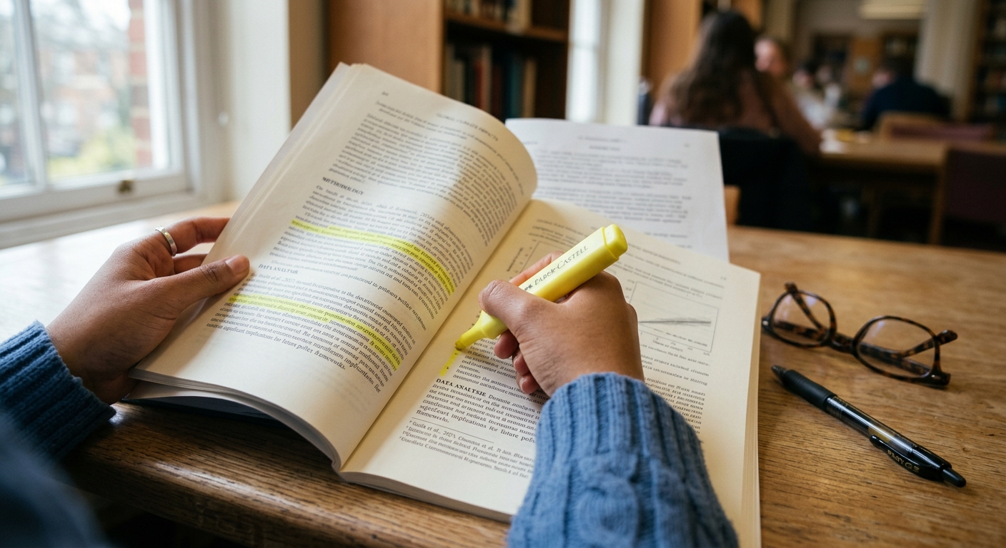 Zakreślanie fragmentów raportu naukowego, obok długopis i okulary